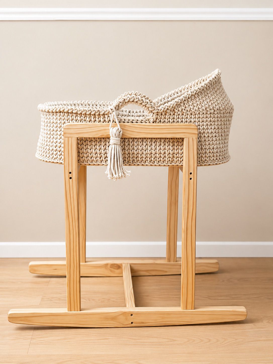 Crocheted Baby Bassinet & Wooden Stand