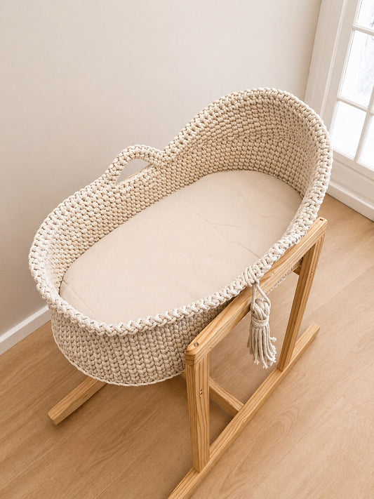 Crocheted Baby Bassinet & Wooden Stand